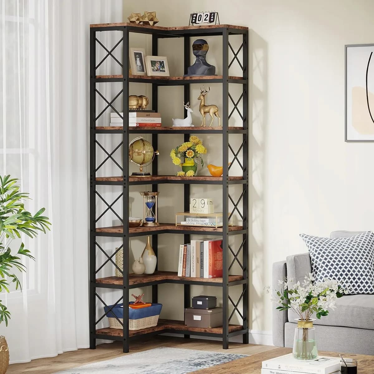 Regał narożny na książki Tribesigns 60x60x200 cm 7 poziomów loft retro