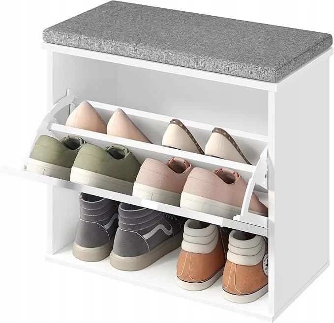 Szafka na Buty z Siedziskiem Ławka z Poduszką Przedpokój Biała Szara 60cm